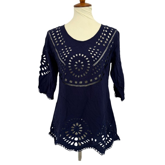 Solitaire Swim Tops - Solitaire Swim‎ Navy Blue Eyelet Lace 3/4 Sleeve Tunic Top Women M Resortwear